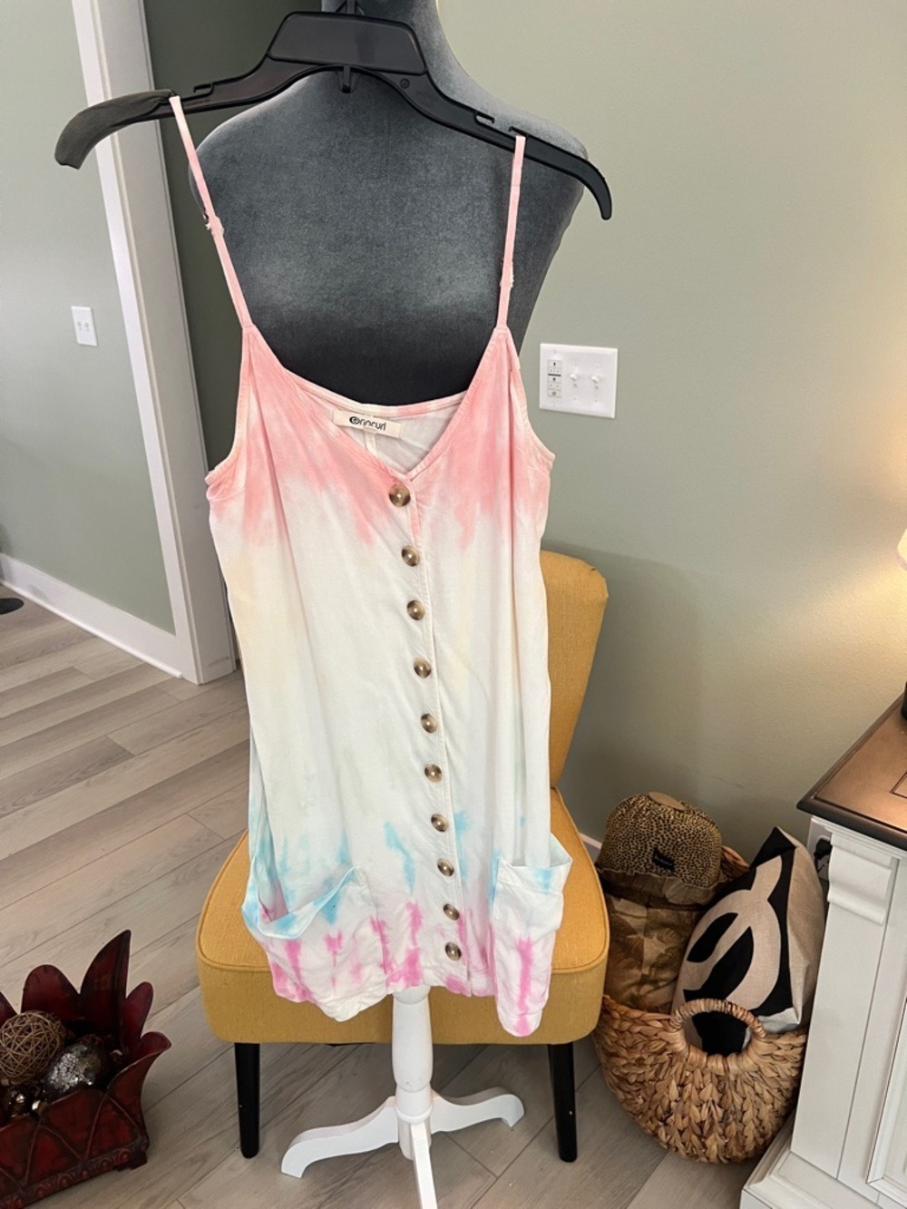 Rip Curl Pastel Tie-Dye Button-Front Spaghetti Strap Coverup - Pink/White/Blue